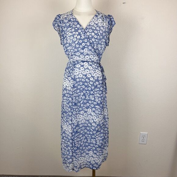 Urban Outfitters Dress Womens Medium Jessica Cap Sleeve Floral Wrap Midi Blue - Picture 1 of 16